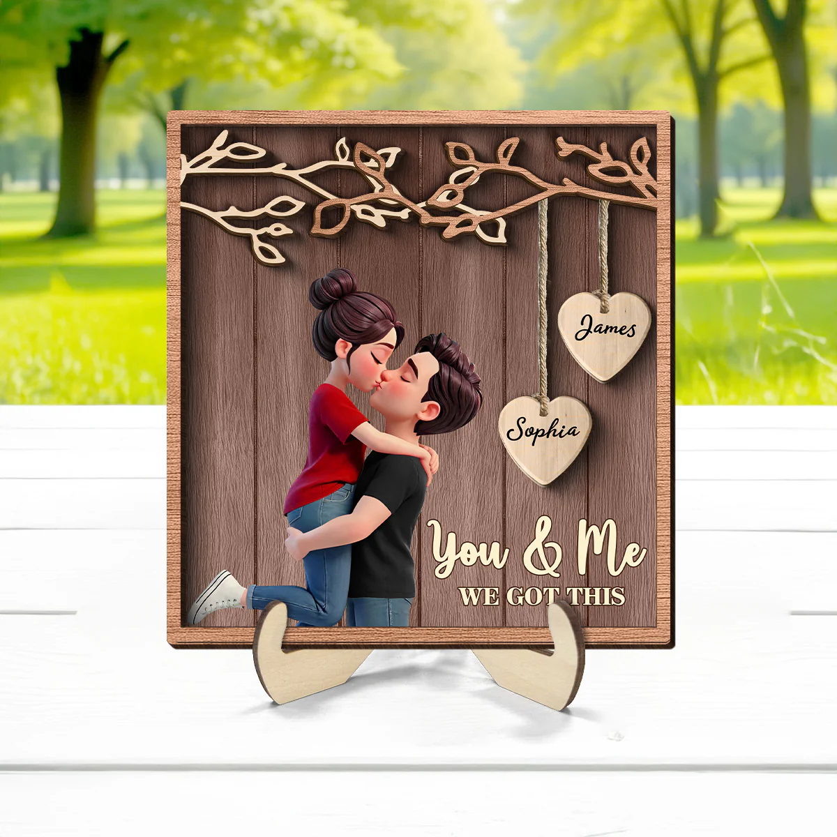 Couple Hugging Kissing Under Eternal Tree Of Love - Personalized 2-Layered Wooden Plaque - Gift For Couple