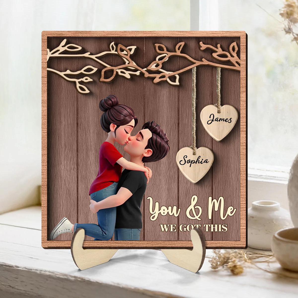 Couple Hugging Kissing Under Eternal Tree Of Love - Personalized 2-Layered Wooden Plaque - Gift For Couple - Image 3