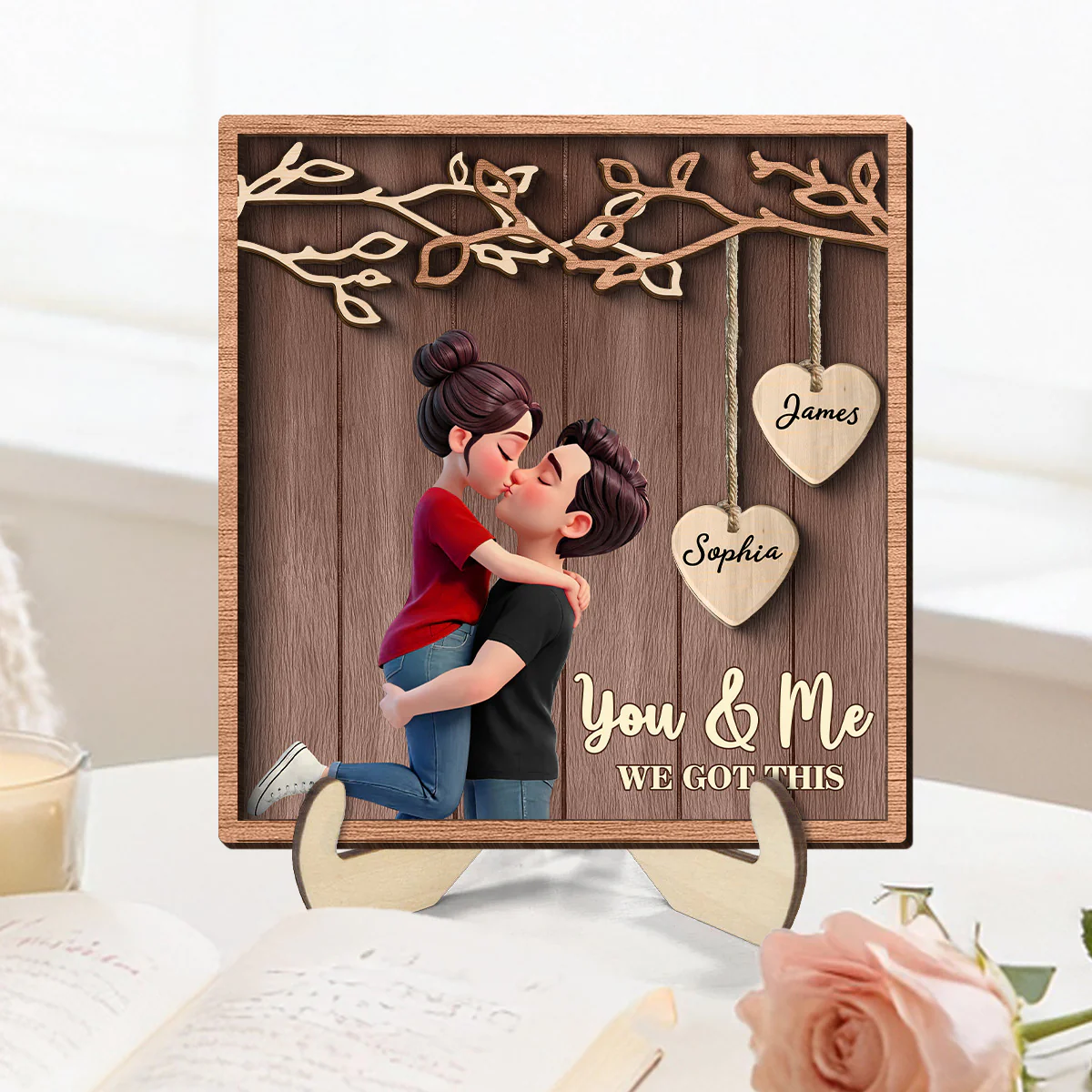 Couple Hugging Kissing Under Eternal Tree Of Love - Personalized 2-Layered Wooden Plaque - Gift For Couple - Image 4