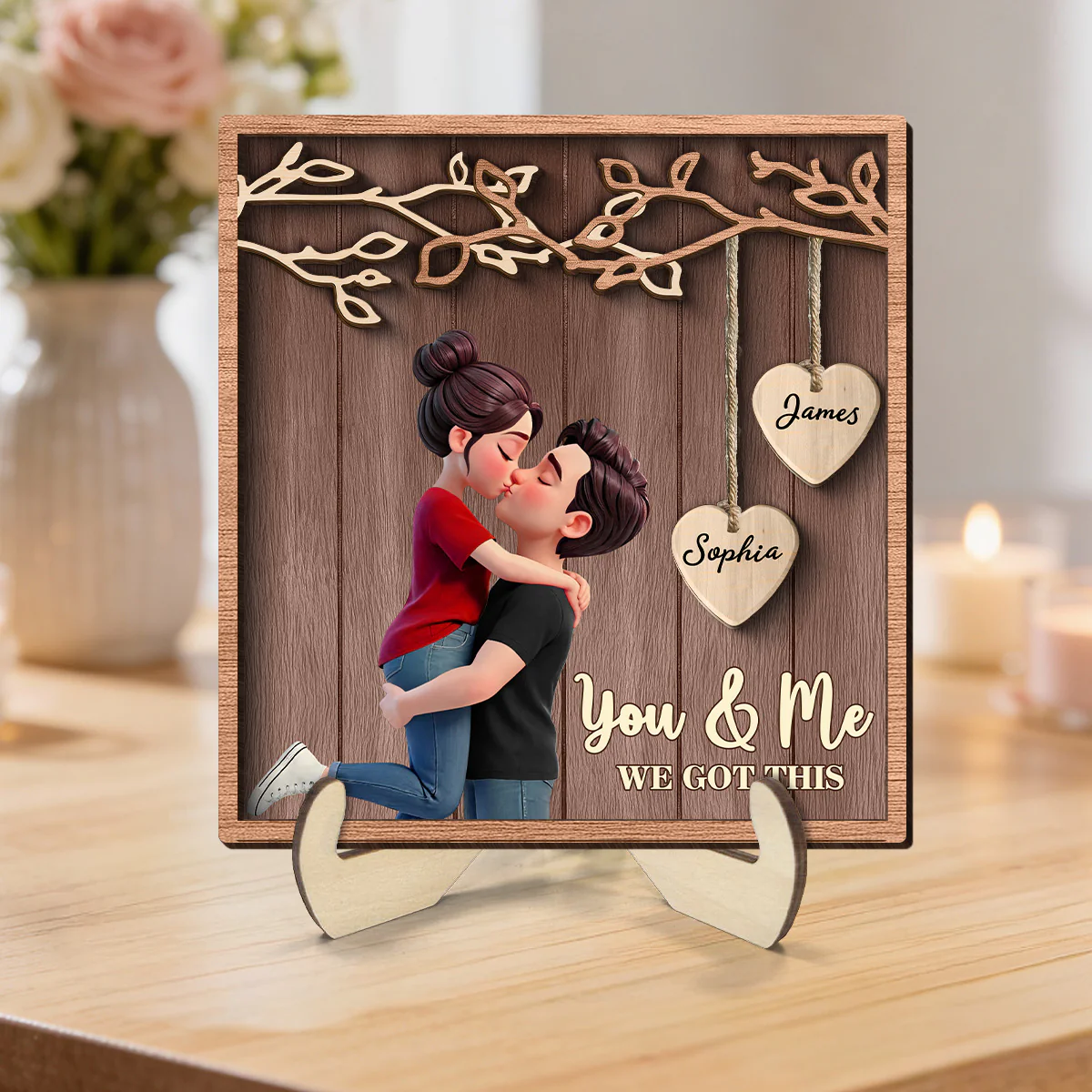 Couple Hugging Kissing Under Eternal Tree Of Love - Personalized 2-Layered Wooden Plaque - Gift For Couple - Image 5