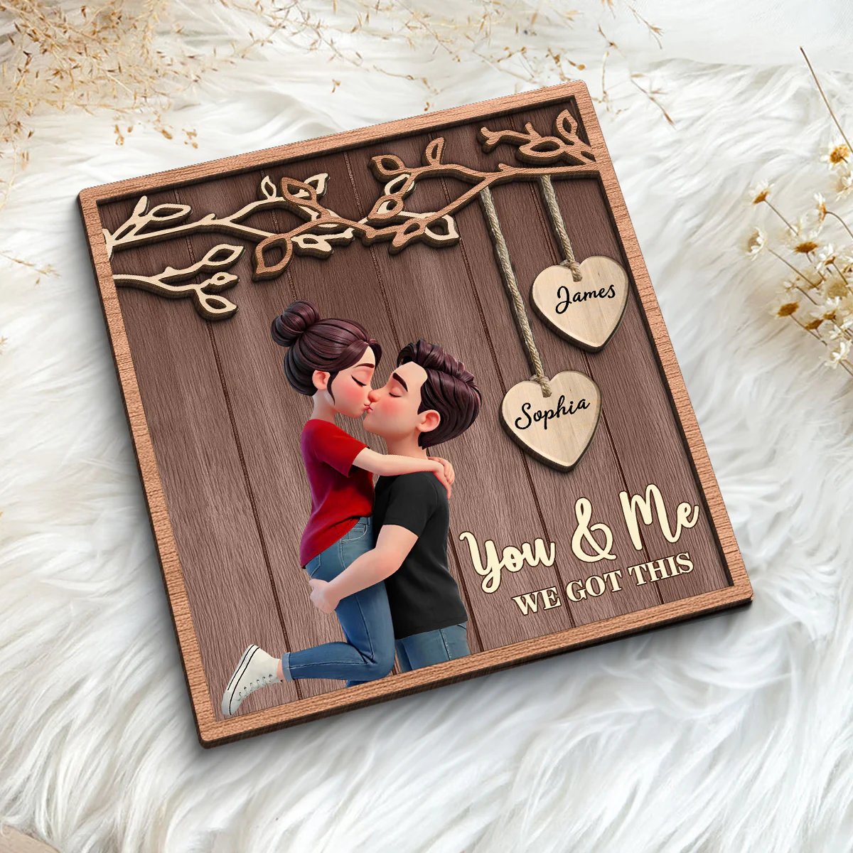 Couple Hugging Kissing Under Eternal Tree Of Love - Personalized 2-Layered Wooden Plaque - Gift For Couple - Image 6