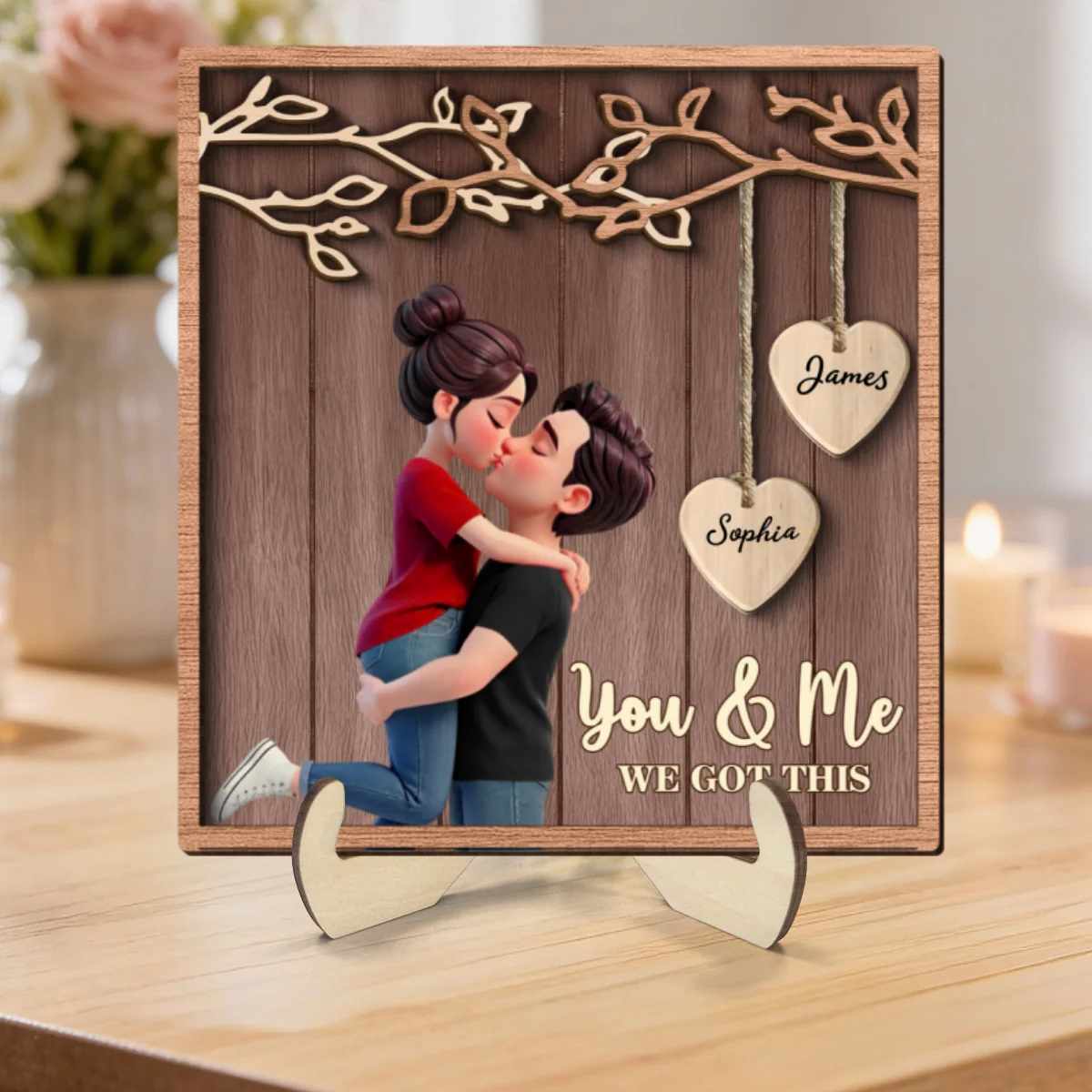 Couple Hugging Kissing Under Eternal Tree Of Love - Personalized 2-Layered Wooden Plaque - Gift For Couple - Image 9