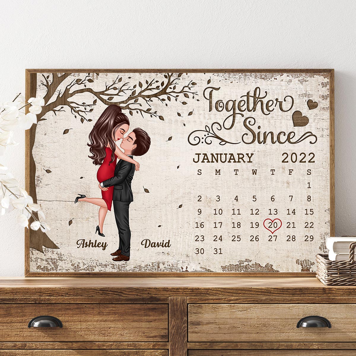 Couple Hugging Kissing Under Tree Anniversary Date Calendar Personalized Horizontal Poster - Image 2