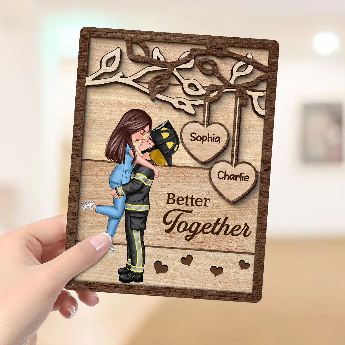 Couple Hugging Kissing Under Tree Gifts by Occupation Gift For Her Gift For Him Firefighter, Nurse, Police Officer Personalized 2-Layer Wooden Plaque - Image 4