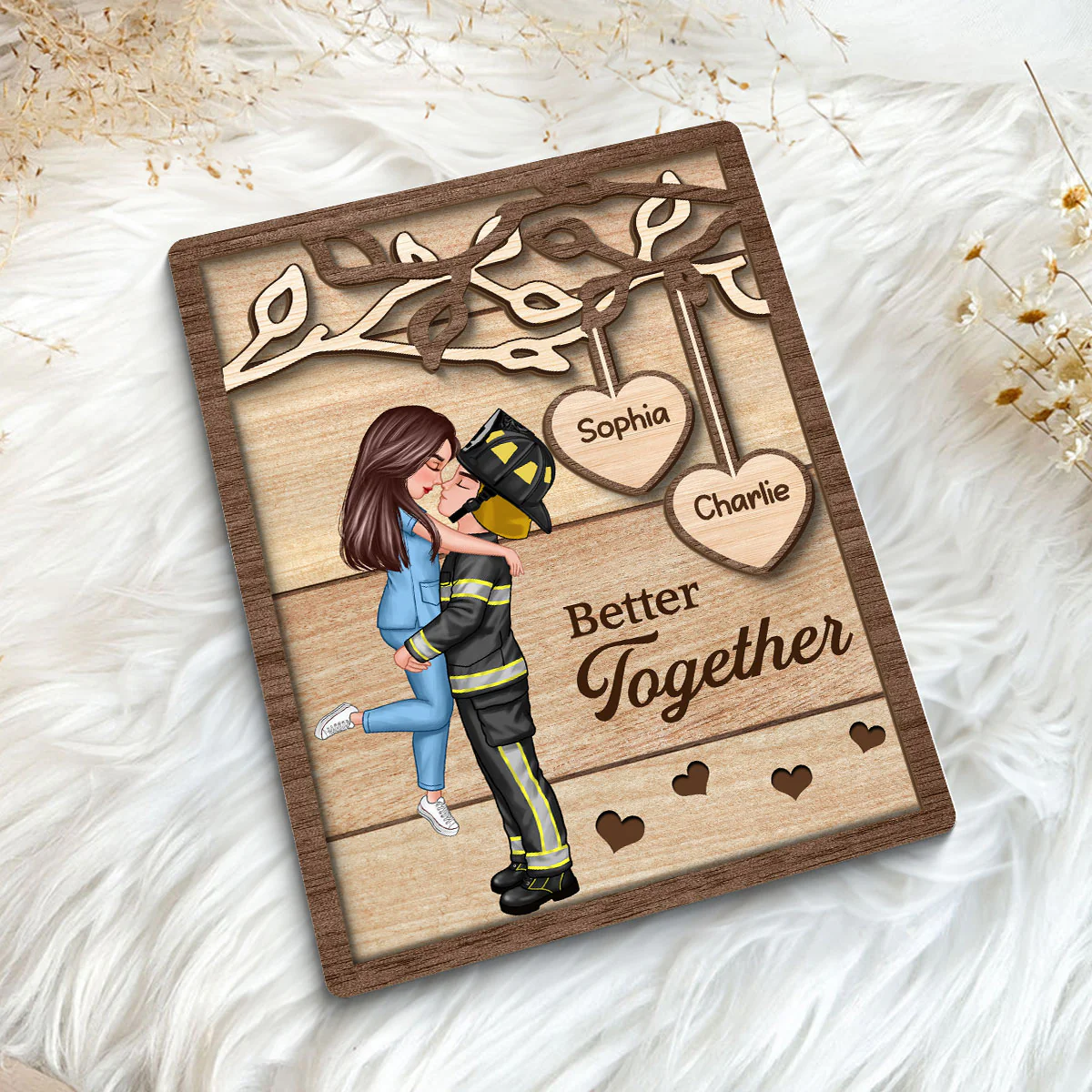 Couple Hugging Kissing Under Tree Gifts by Occupation Gift For Her Gift For Him Firefighter, Nurse, Police Officer Personalized 2-Layer Wooden Plaque - Image 5