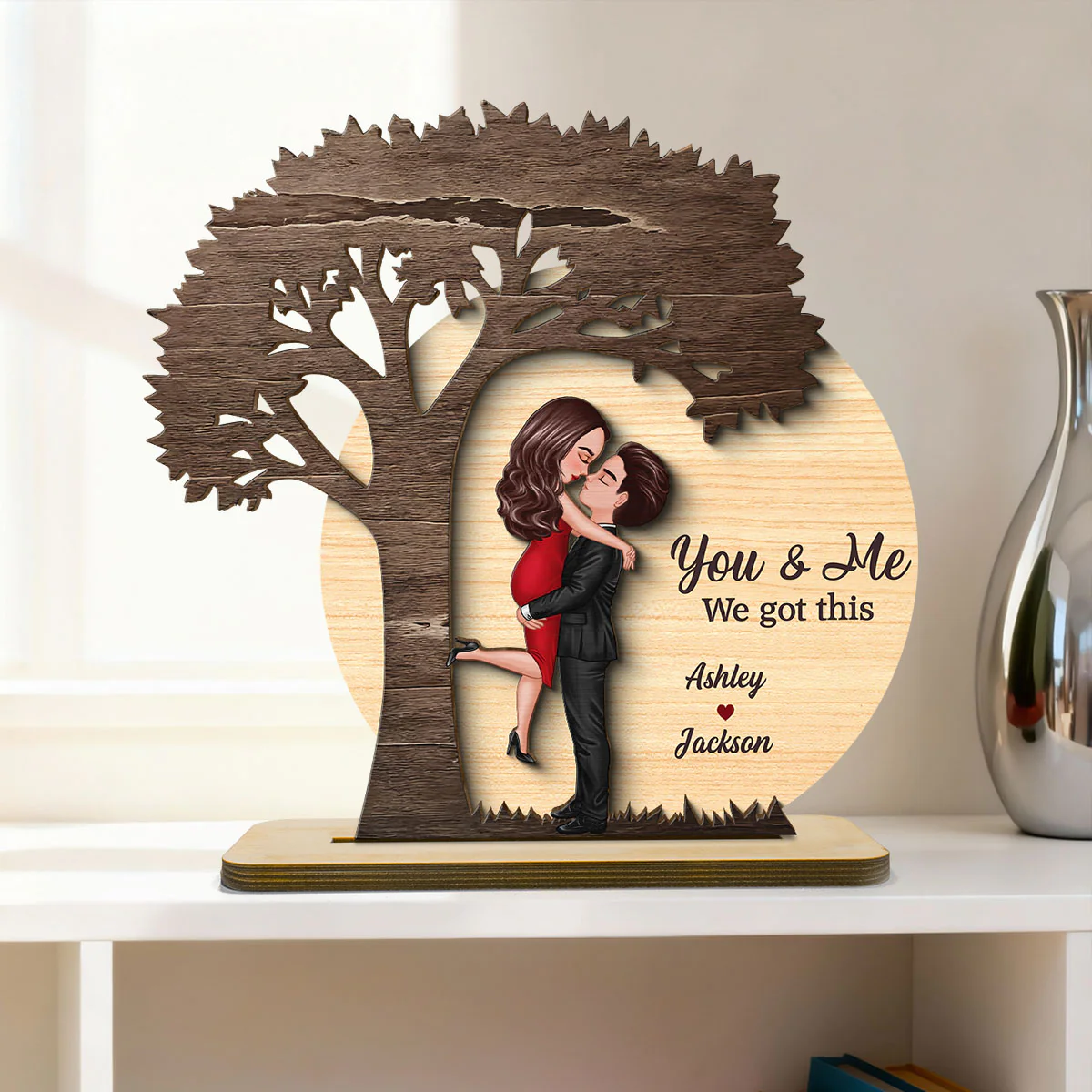 Couple Hugging Kissing Under Tree Moon Rustic - Personalized 2-Layer Wooden Plaque - Valentine's Day, Anniversary Gift For Him, For Her - Image 2