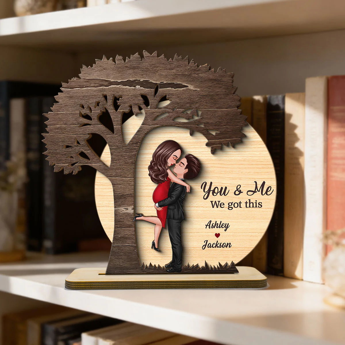 Couple Hugging Kissing Under Tree Moon Rustic - Personalized 2-Layer Wooden Plaque - Valentine's Day, Anniversary Gift For Him, For Her - Image 3