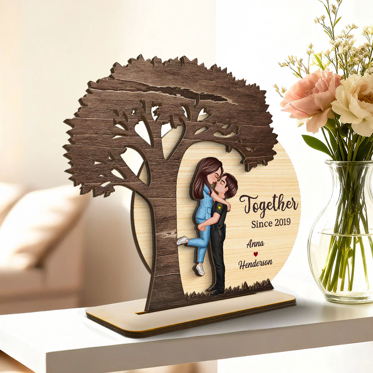 Couple Hugging Kissing Under Tree Moon Rustic - Personalized 2-Layer Wooden Plaque - Valentine's Day, Anniversary Gift For Him, For Her - Image 4