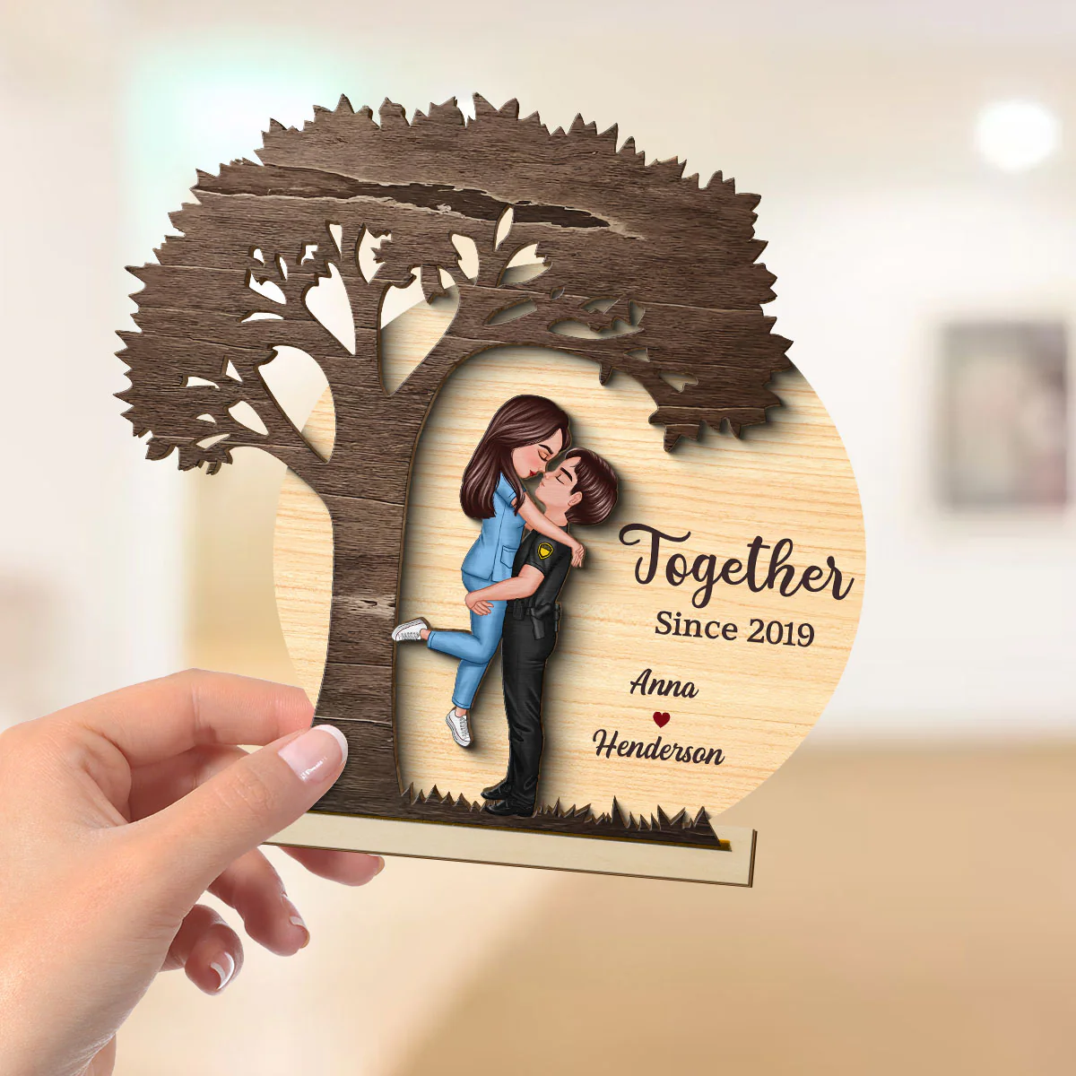 Couple Hugging Kissing Under Tree Moon Rustic - Personalized 2-Layer Wooden Plaque - Valentine's Day, Anniversary Gift For Him, For Her - Image 5