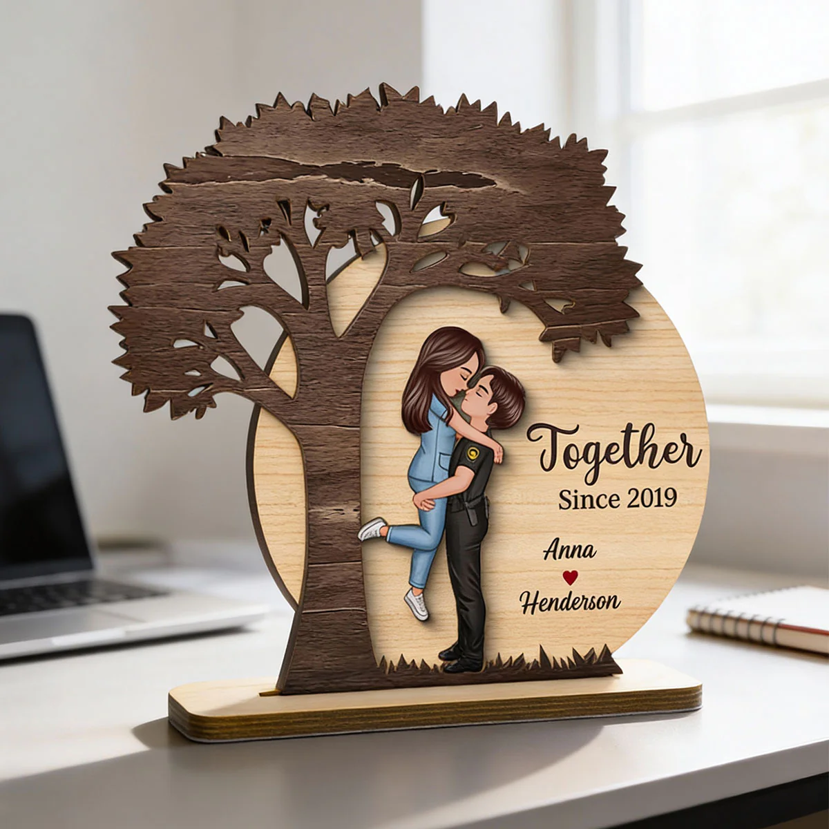 Couple Hugging Kissing Under Tree Moon Rustic - Personalized 2-Layer Wooden Plaque - Valentine's Day, Anniversary Gift For Him, For Her - Image 6
