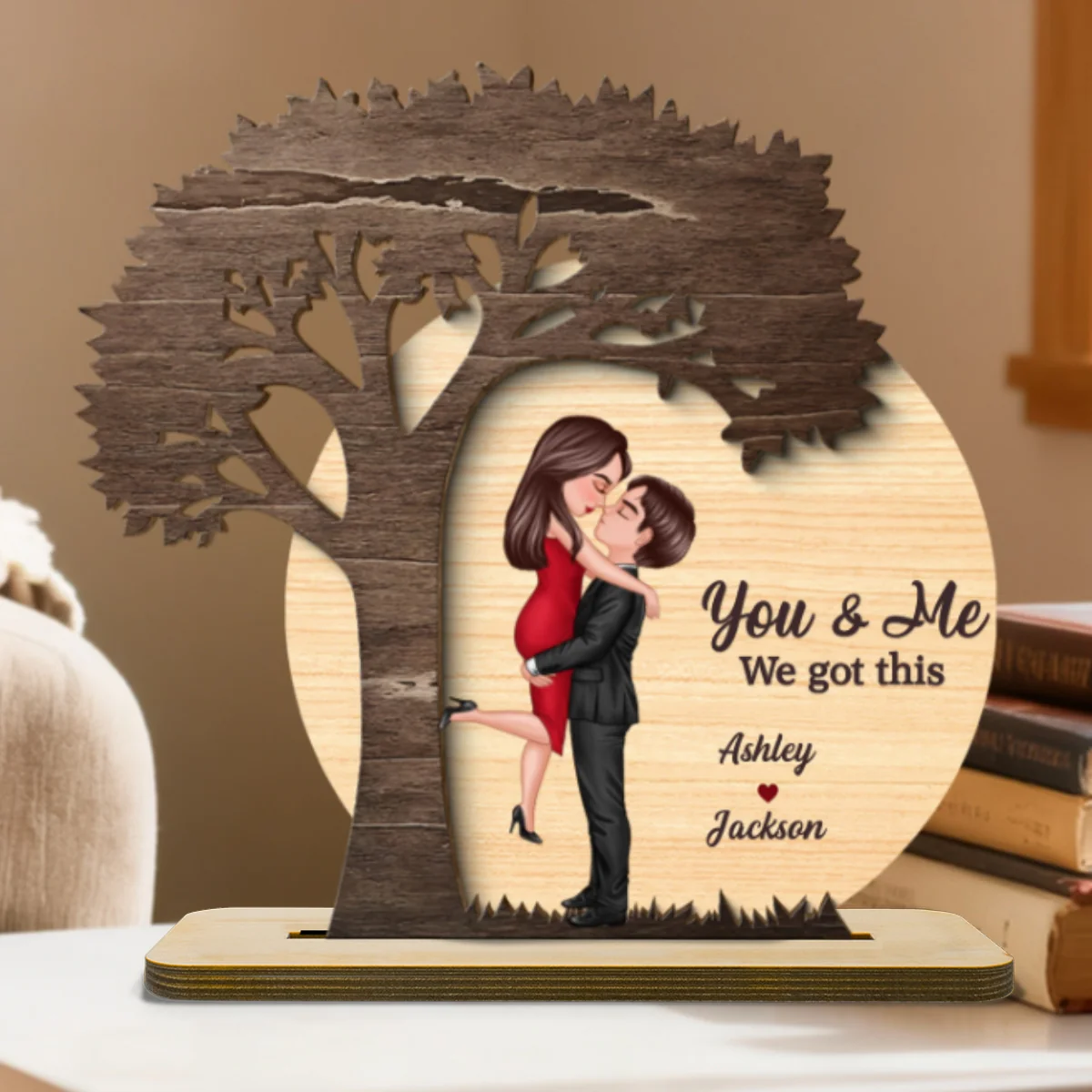 Couple Hugging Kissing Under Tree Moon Rustic - Personalized 2-Layer Wooden Plaque - Valentine's Day, Anniversary Gift For Him, For Her - Image 9