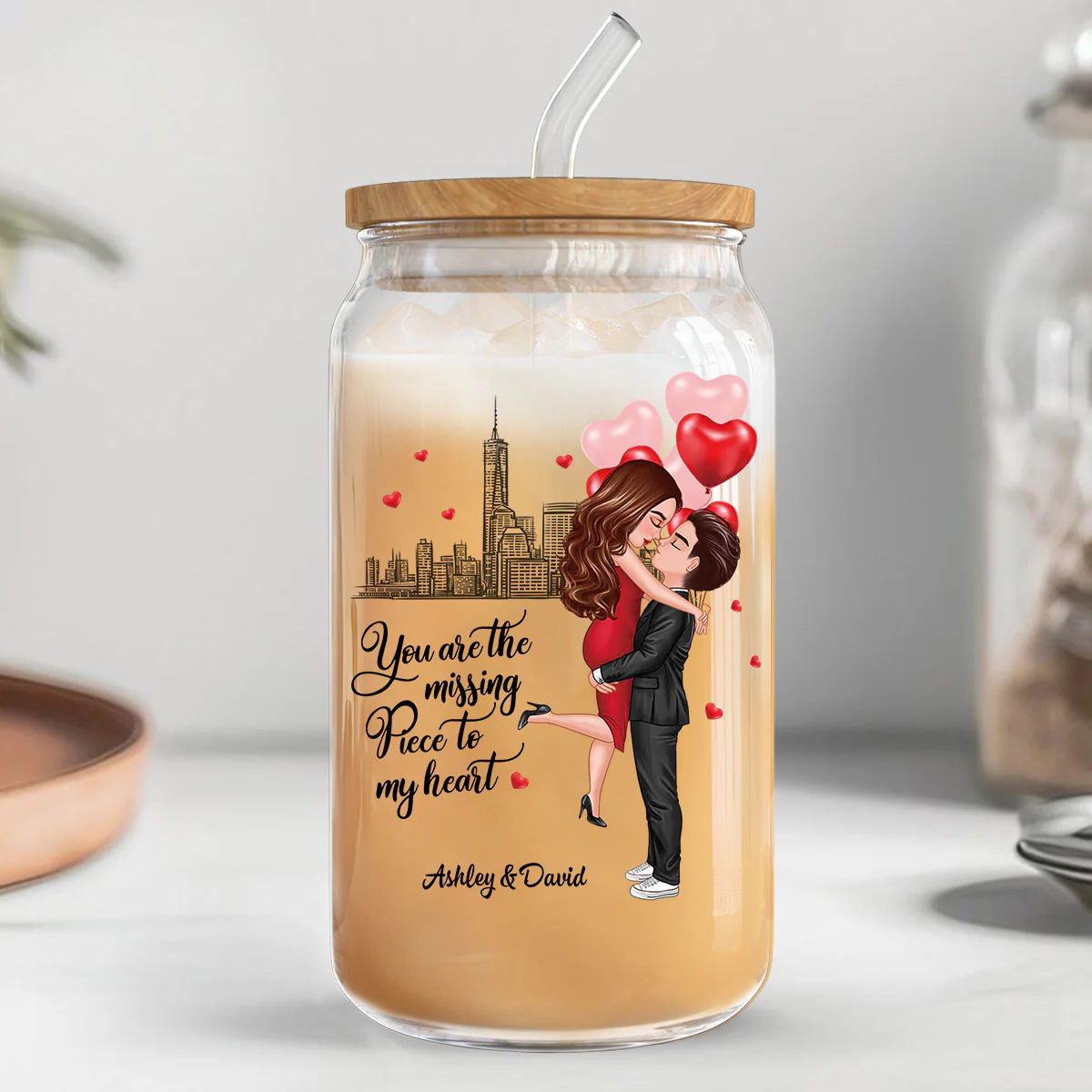 Couple Hugging Kissing You‘re The Missing Piece To My Heart Personalized Clear Glass Can