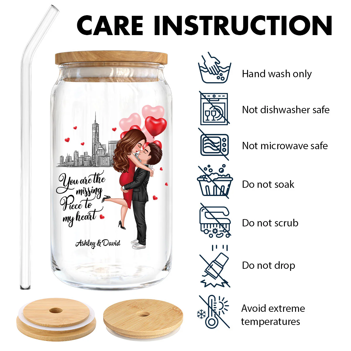 Couple Hugging Kissing You‘re The Missing Piece To My Heart Personalized Clear Glass Can - Image 10