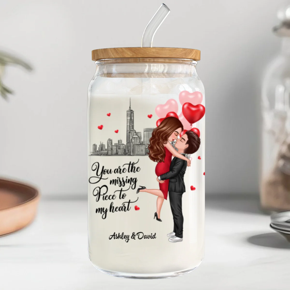 Couple Hugging Kissing You‘re The Missing Piece To My Heart Personalized Clear Glass Can - Image 11