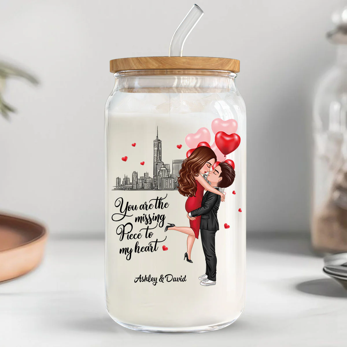 Couple Hugging Kissing You‘re The Missing Piece To My Heart Personalized Clear Glass Can - Image 2