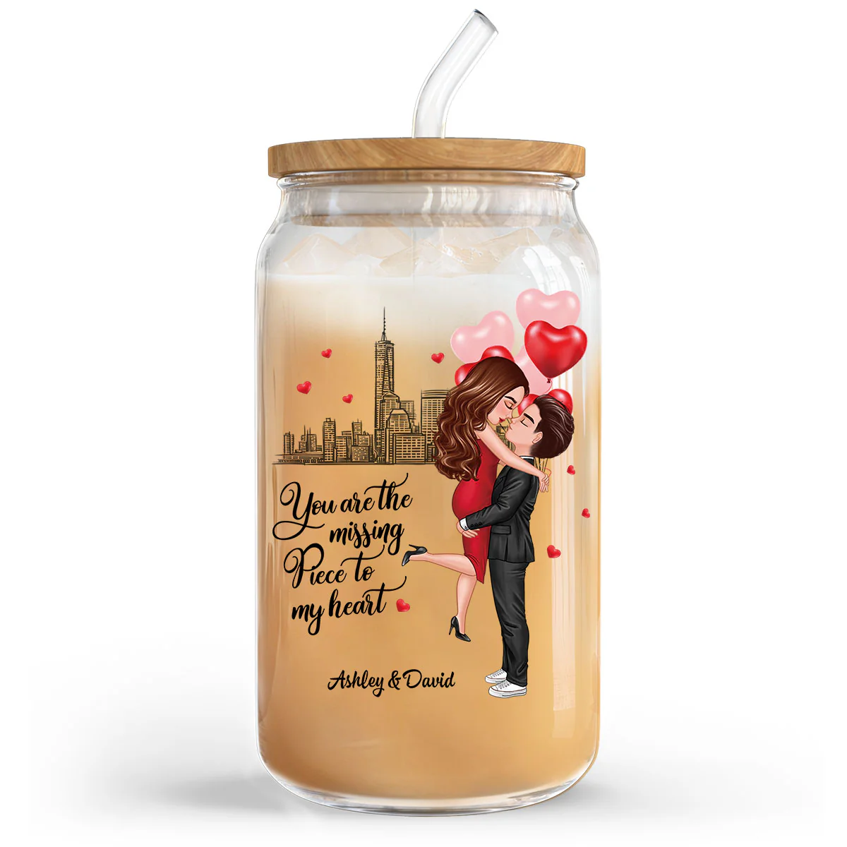 Couple Hugging Kissing You‘re The Missing Piece To My Heart Personalized Clear Glass Can - Image 3