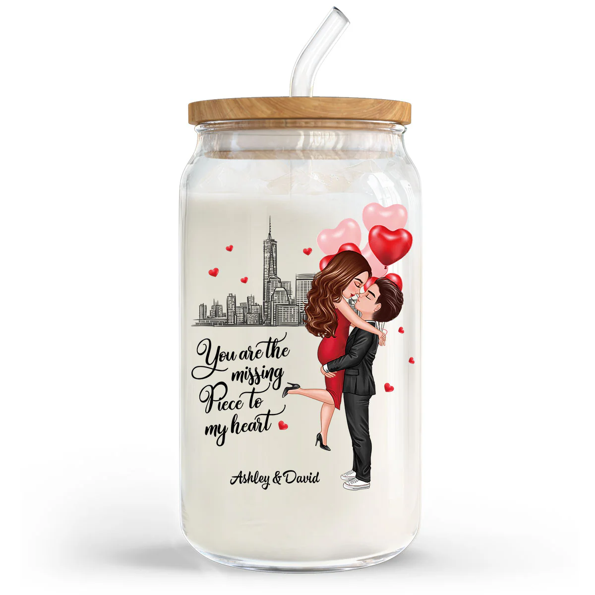 Couple Hugging Kissing You‘re The Missing Piece To My Heart Personalized Clear Glass Can - Image 4