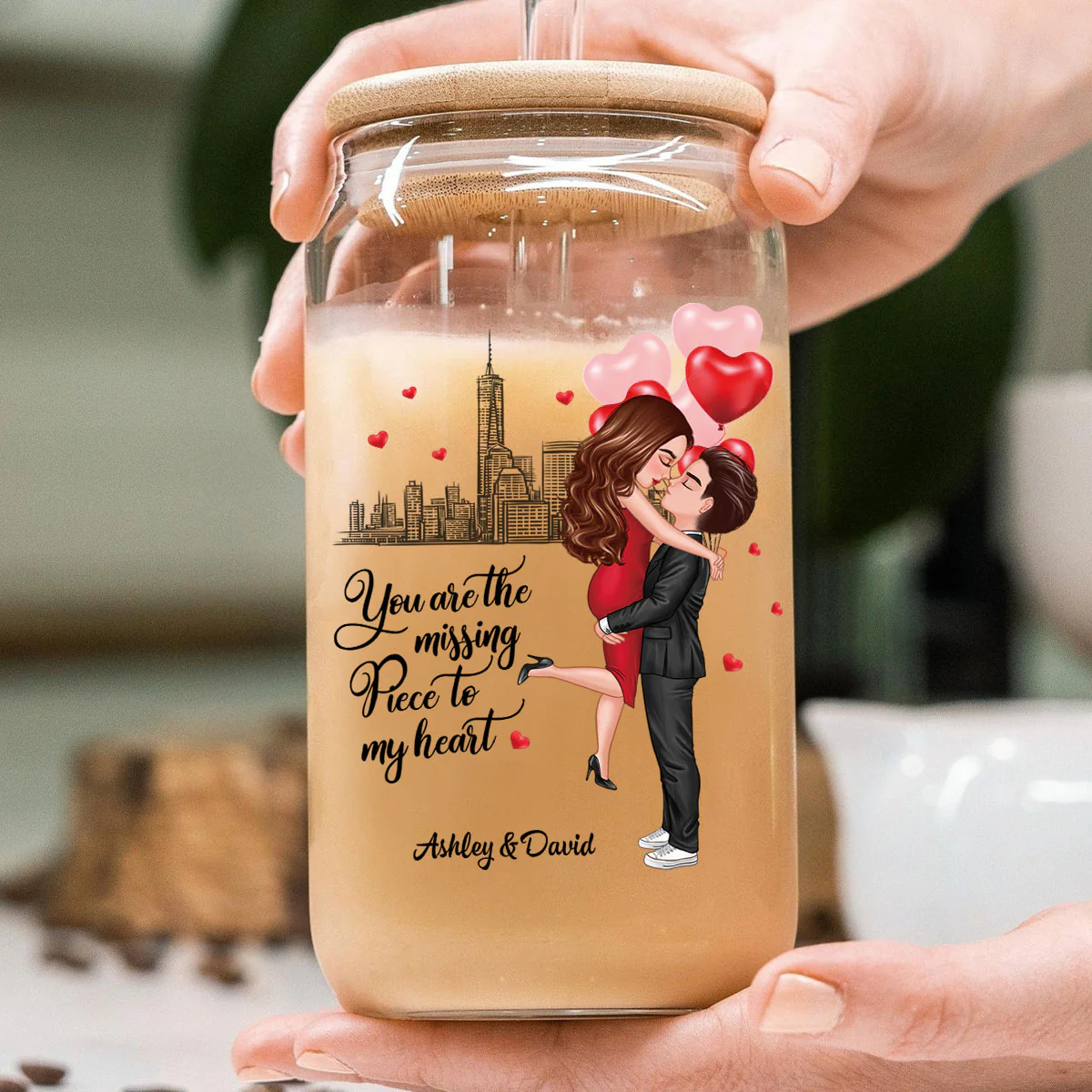 Couple Hugging Kissing You‘re The Missing Piece To My Heart Personalized Clear Glass Can - Image 5