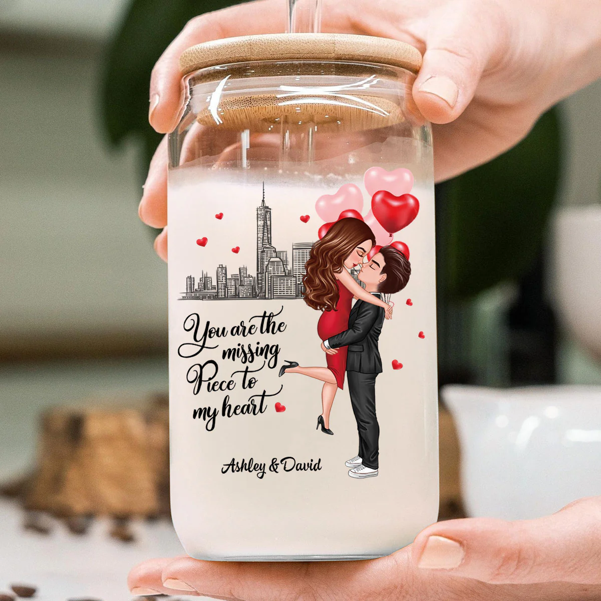 Couple Hugging Kissing You‘re The Missing Piece To My Heart Personalized Clear Glass Can - Image 6