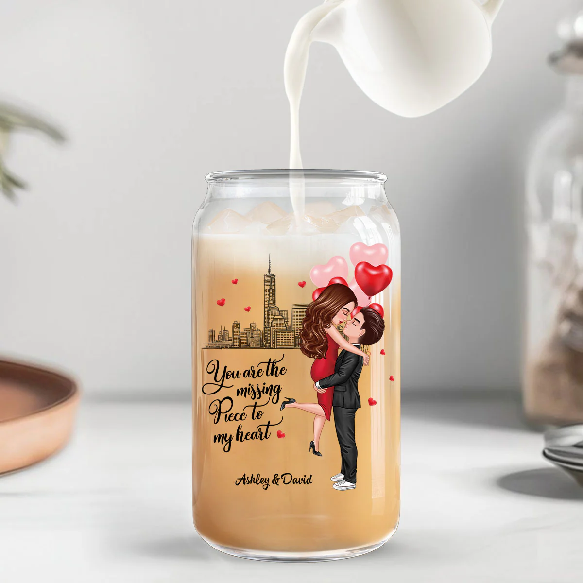 Couple Hugging Kissing You‘re The Missing Piece To My Heart Personalized Clear Glass Can - Image 7