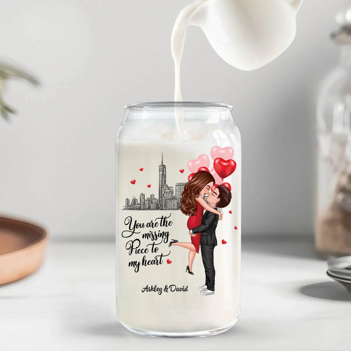 Couple Hugging Kissing You‘re The Missing Piece To My Heart Personalized Clear Glass Can - Image 8
