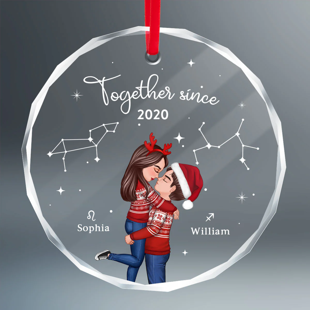 Couple Hugging Kissing Zodiac Sign Personalized Glass Ornament, Christmas Gift For Him For Her - Image 2