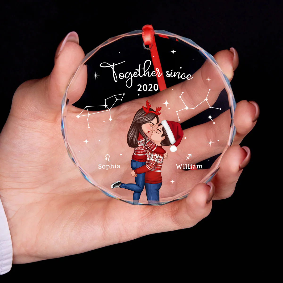 Couple Hugging Kissing Zodiac Sign Personalized Glass Ornament, Christmas Gift For Him For Her - Image 3