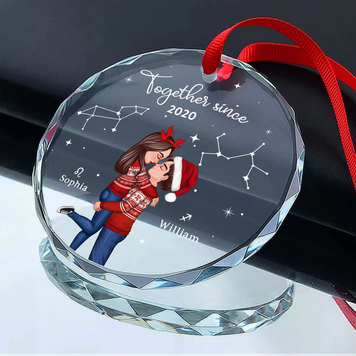 Couple Hugging Kissing Zodiac Sign Personalized Glass Ornament, Christmas Gift For Him For Her - Image 4