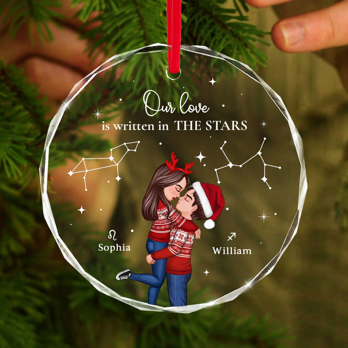 Couple Hugging Kissing Zodiac Sign Personalized Glass Ornament, Christmas Gift For Him For Her - Image 5