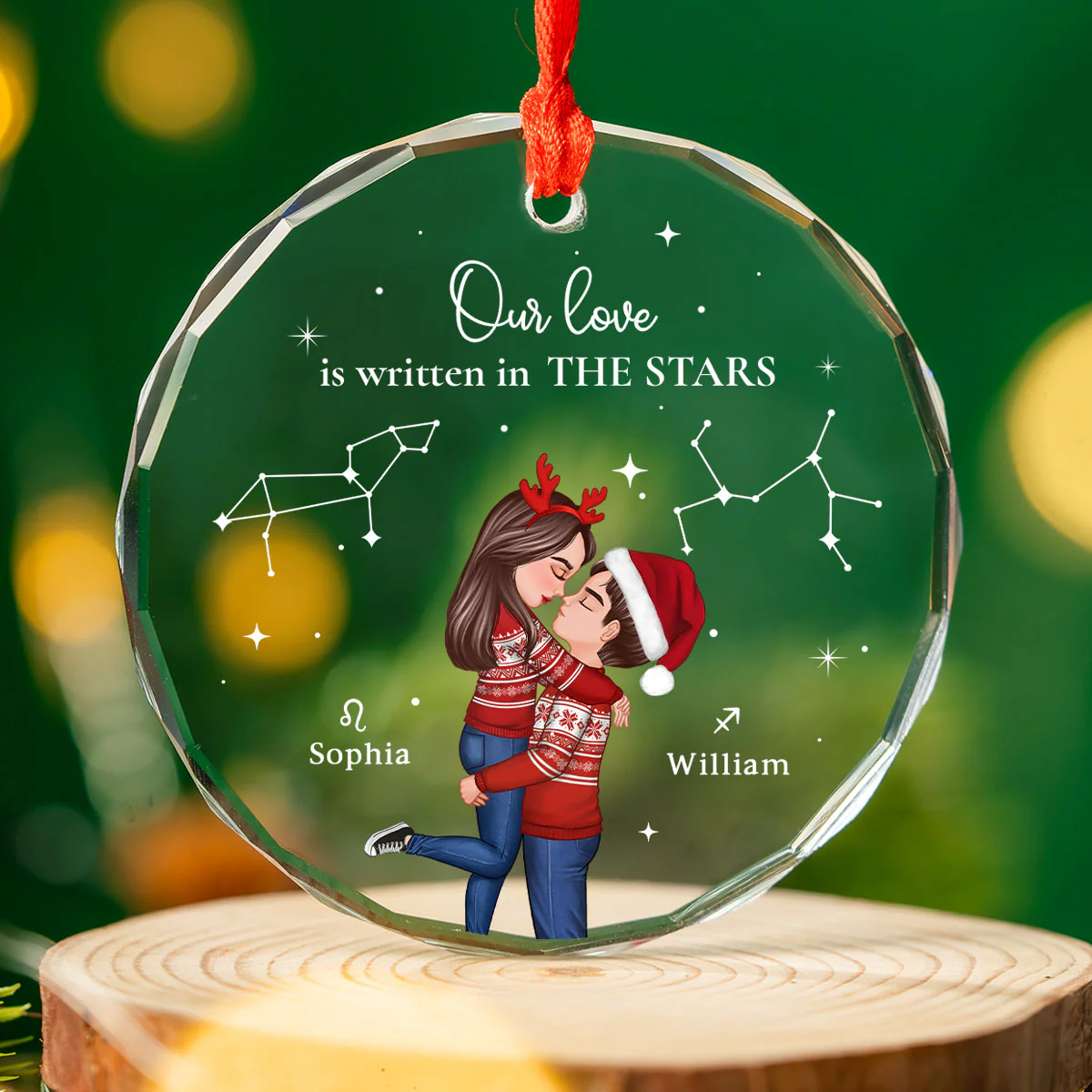 Couple Hugging Kissing Zodiac Sign Personalized Glass Ornament, Christmas Gift For Him For Her - Image 6
