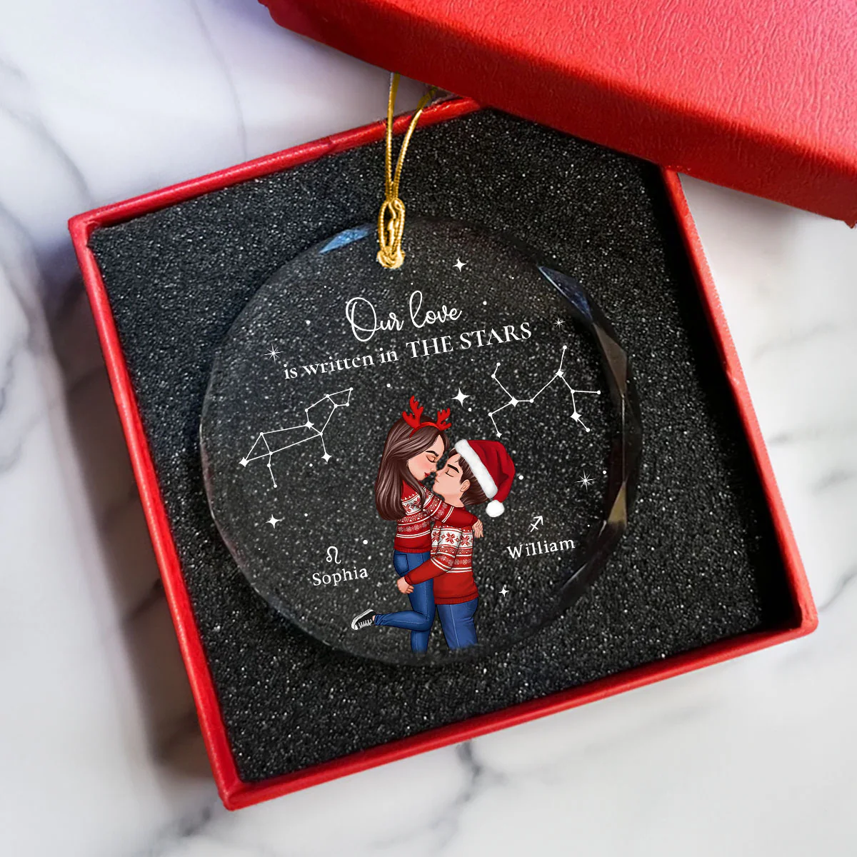 Couple Hugging Kissing Zodiac Sign Personalized Glass Ornament, Christmas Gift For Him For Her - Image 7