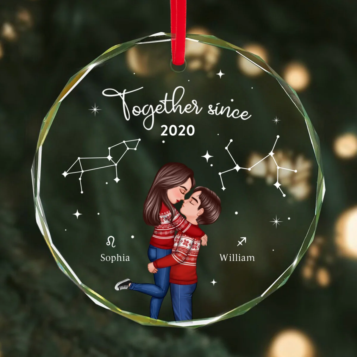 Couple Hugging Kissing Zodiac Sign Personalized Glass Ornament, Christmas Gift For Him For Her - Image 9