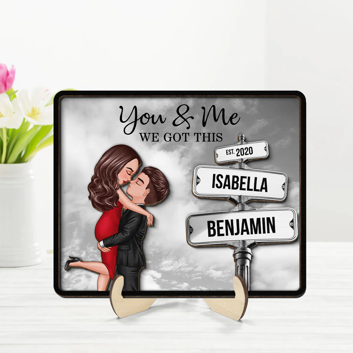 Couple Hugging Milestone Together Personalized Crossroads Street Sign 2-Layered Wooden Plaque, Best Home Bedroom Desk Decor For Couples, Gift For Her, For Him - Image 2
