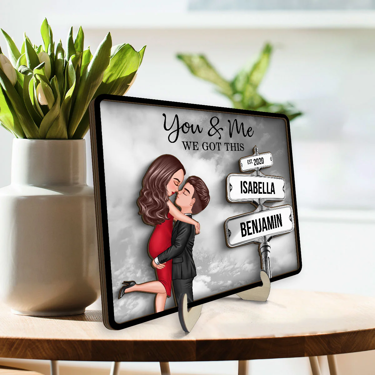 Couple Hugging Milestone Together Personalized Crossroads Street Sign 2-Layered Wooden Plaque, Best Home Bedroom Desk Decor For Couples, Gift For Her, For Him - Image 3