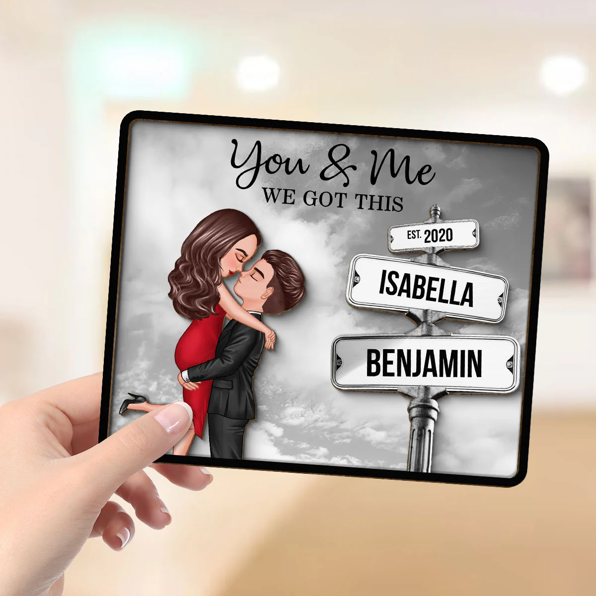 Couple Hugging Milestone Together Personalized Crossroads Street Sign 2-Layered Wooden Plaque, Best Home Bedroom Desk Decor For Couples, Gift For Her, For Him - Image 4