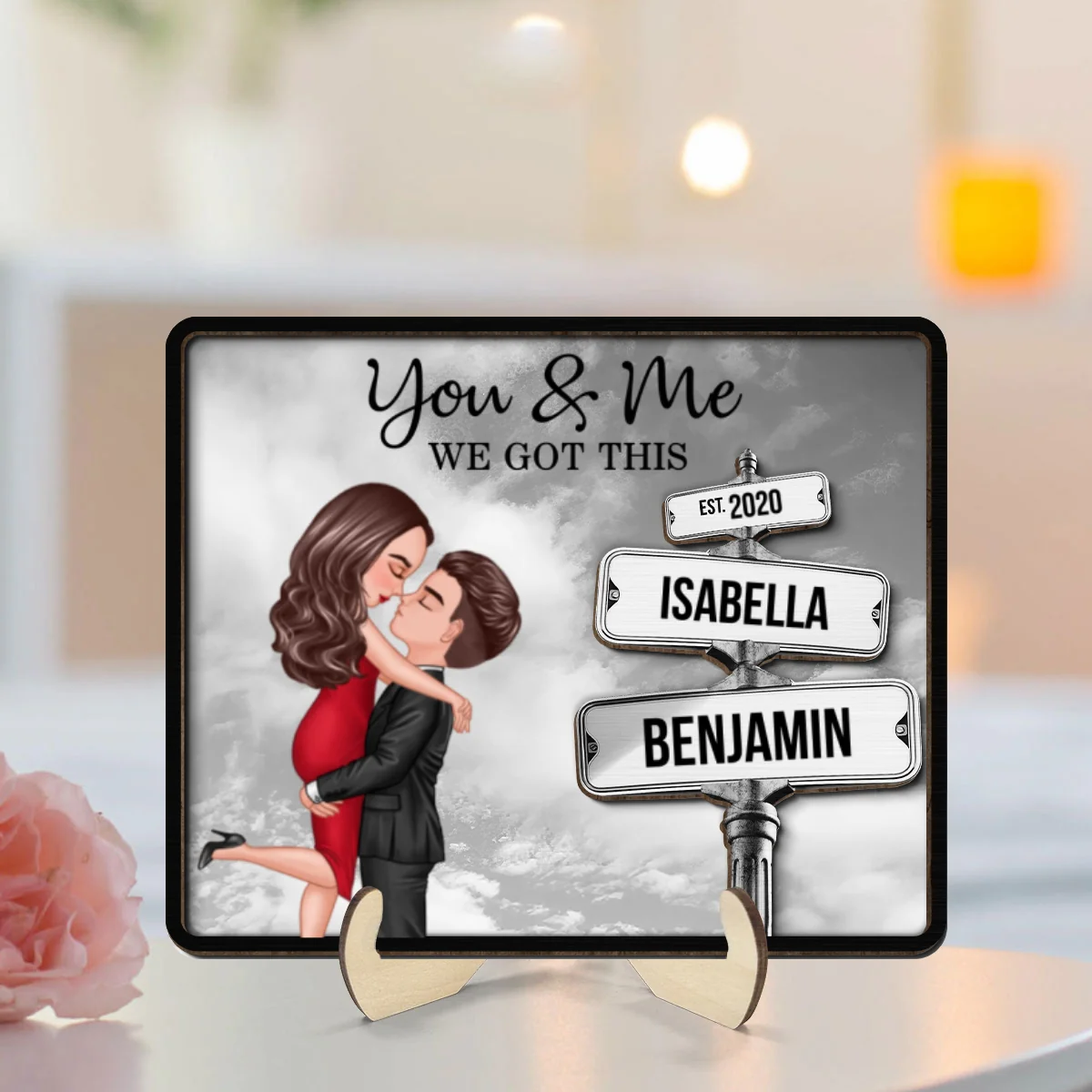 Couple Hugging Milestone Together Personalized Crossroads Street Sign 2-Layered Wooden Plaque, Best Home Bedroom Desk Decor For Couples, Gift For Her, For Him - Image 8