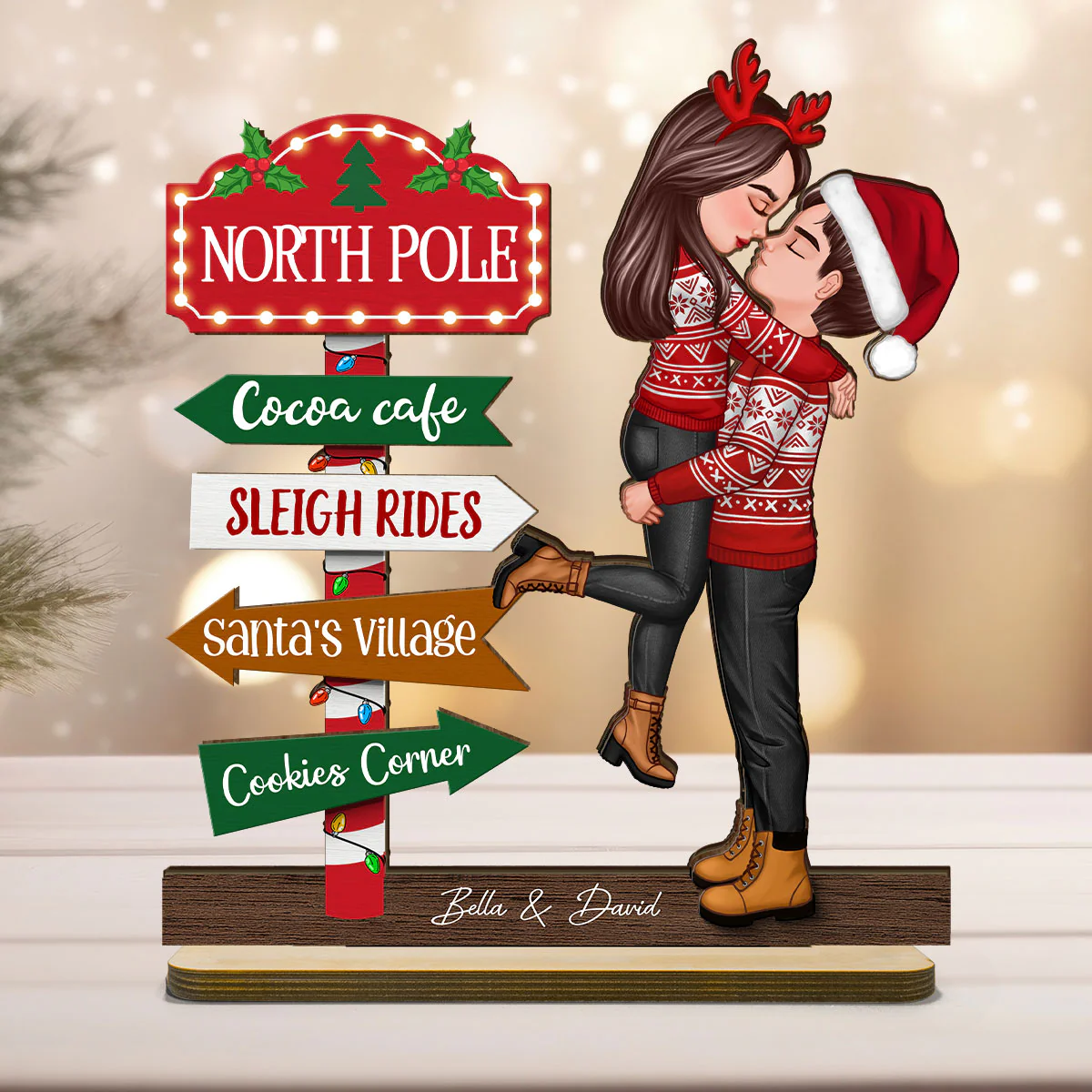 Couple Hugging North Pole Sign Christmas Decor Personalized 2-Layer Standing Wooden Plaque