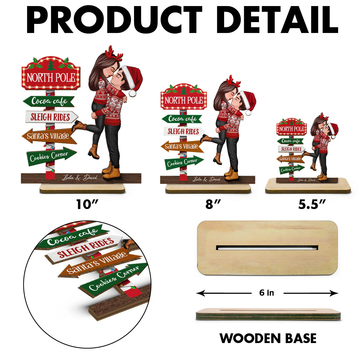 Couple Hugging North Pole Sign Christmas Decor Personalized 2-Layer Standing Wooden Plaque - Image 6