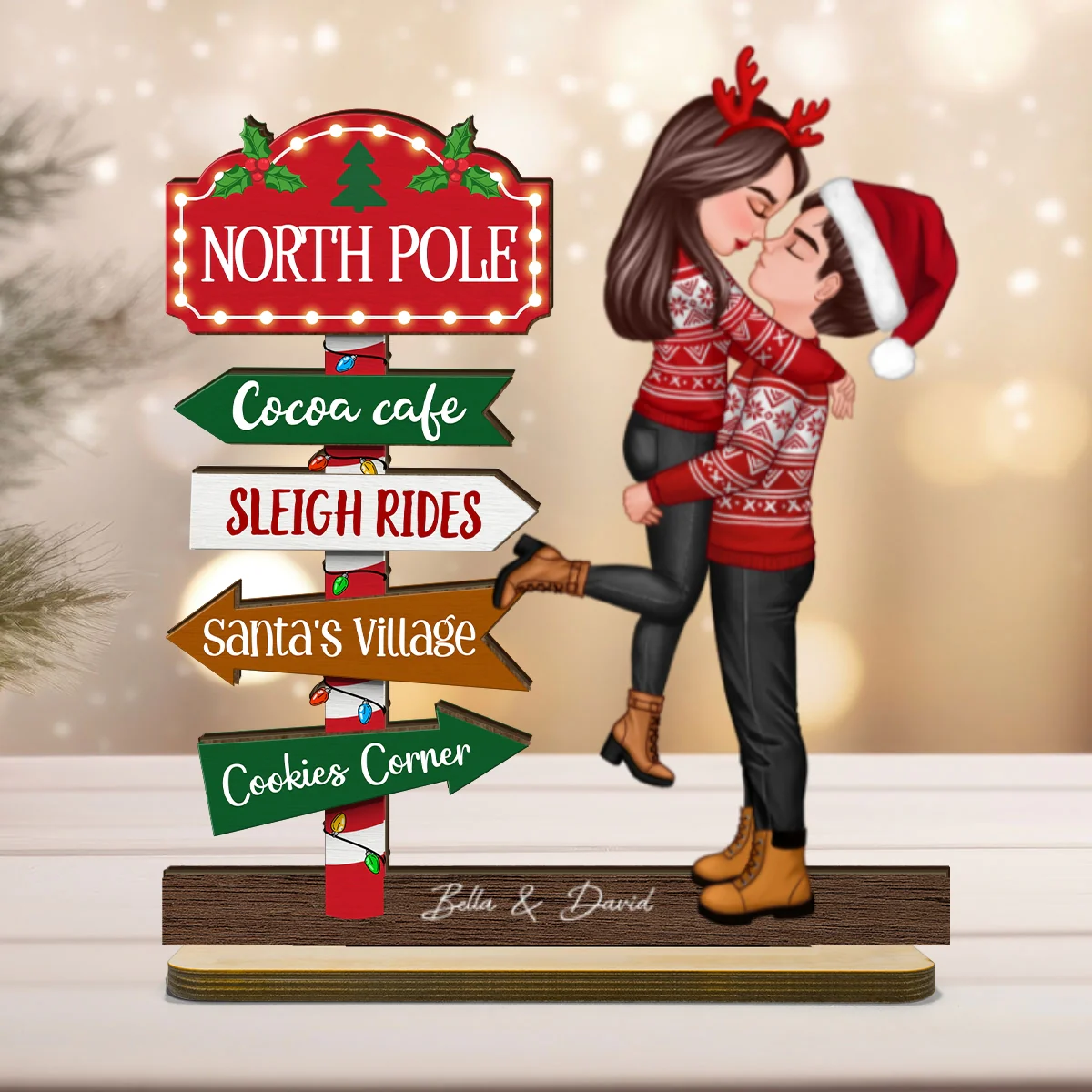 Couple Hugging North Pole Sign Christmas Decor Personalized 2-Layer Standing Wooden Plaque - Image 8