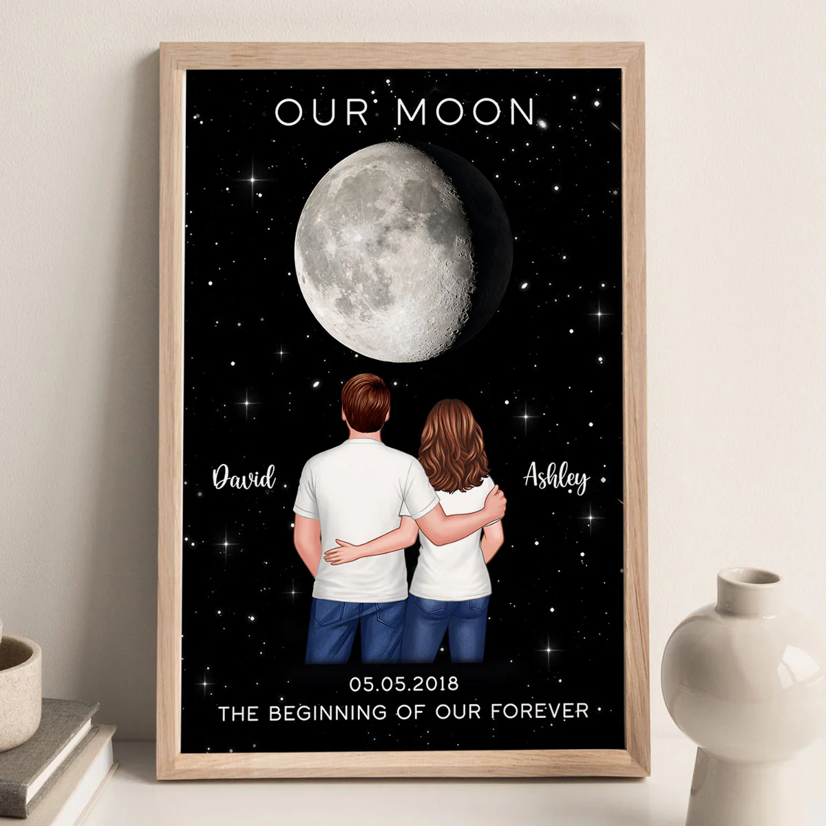 Couple Hugging Standing Moon Moon Phase Art Personalized Poster, Anniversary gift for him, for her - Image 2