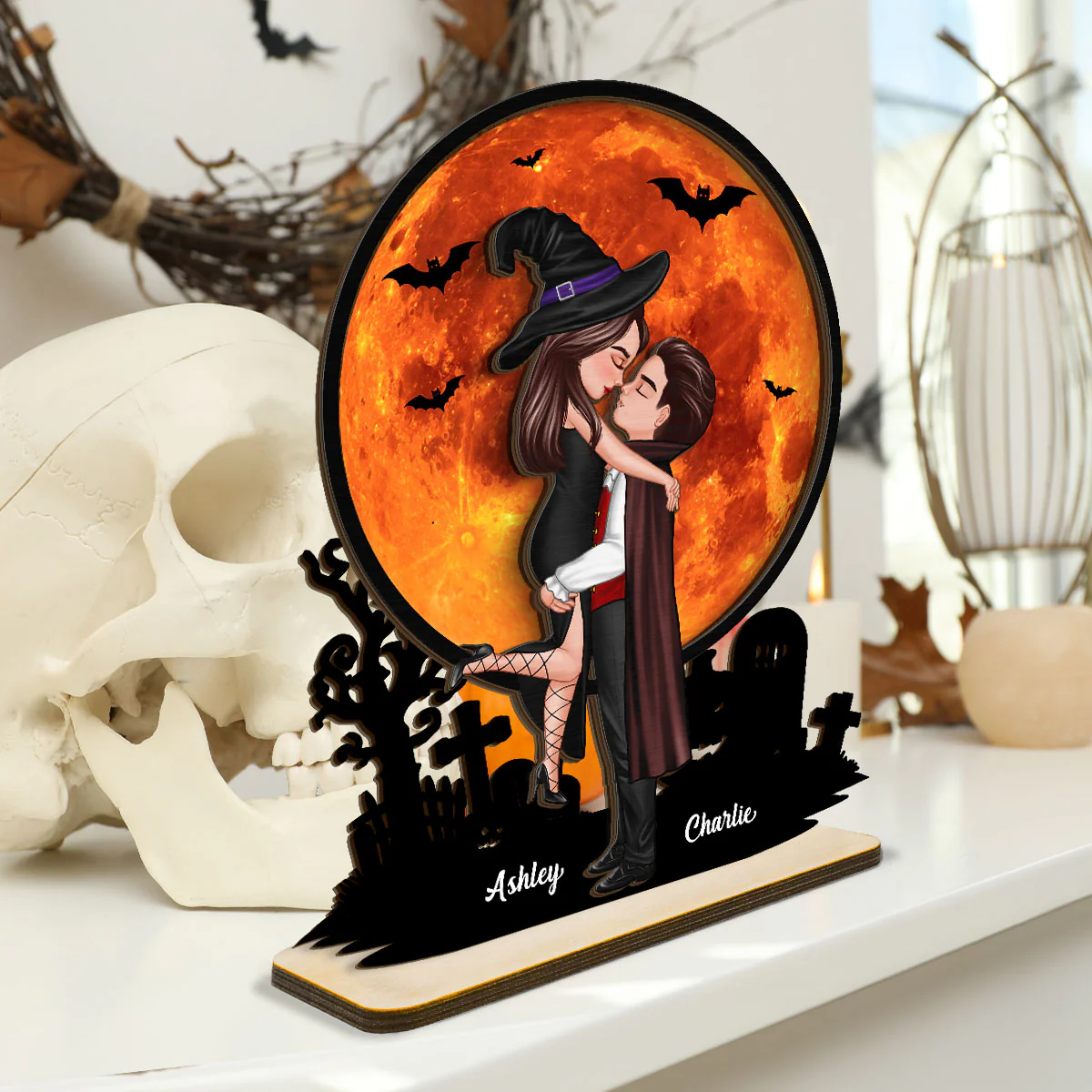 Couple Hugging Under Halloween Moon Tabletop Tier Tray Decor Personalized 2-Layer Standing Wooden Plaque - Image 2