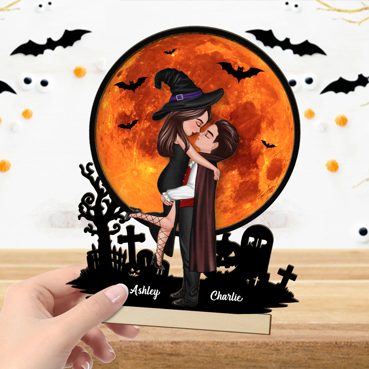 Couple Hugging Under Halloween Moon Tabletop Tier Tray Decor Personalized 2-Layer Standing Wooden Plaque - Image 3