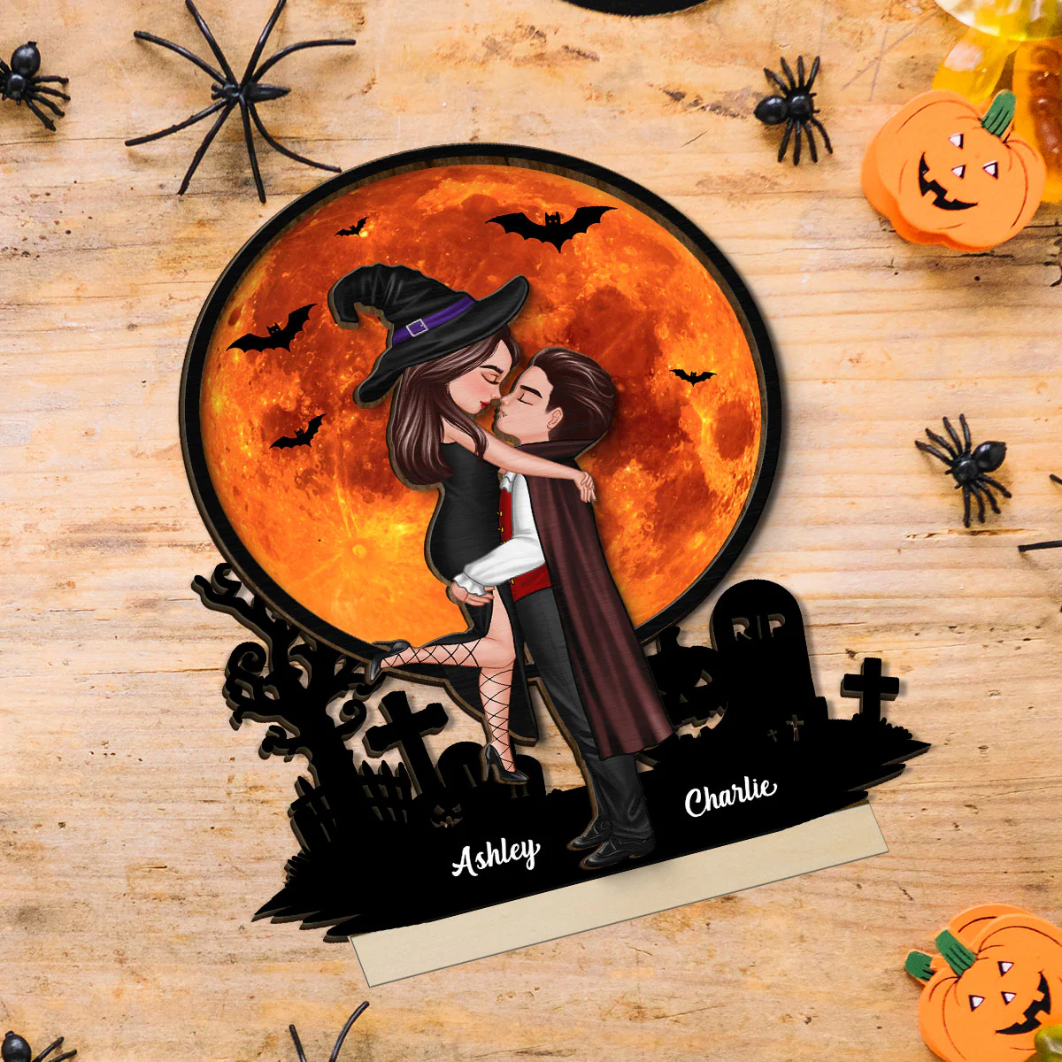 Couple Hugging Under Halloween Moon Tabletop Tier Tray Decor Personalized 2-Layer Standing Wooden Plaque - Image 4