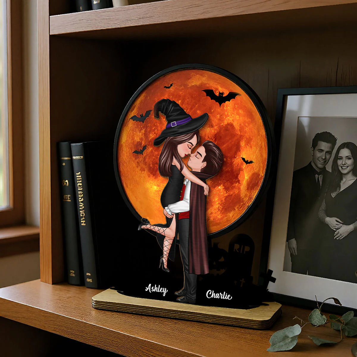 Couple Hugging Under Halloween Moon Tabletop Tier Tray Decor Personalized 2-Layer Standing Wooden Plaque - Image 9