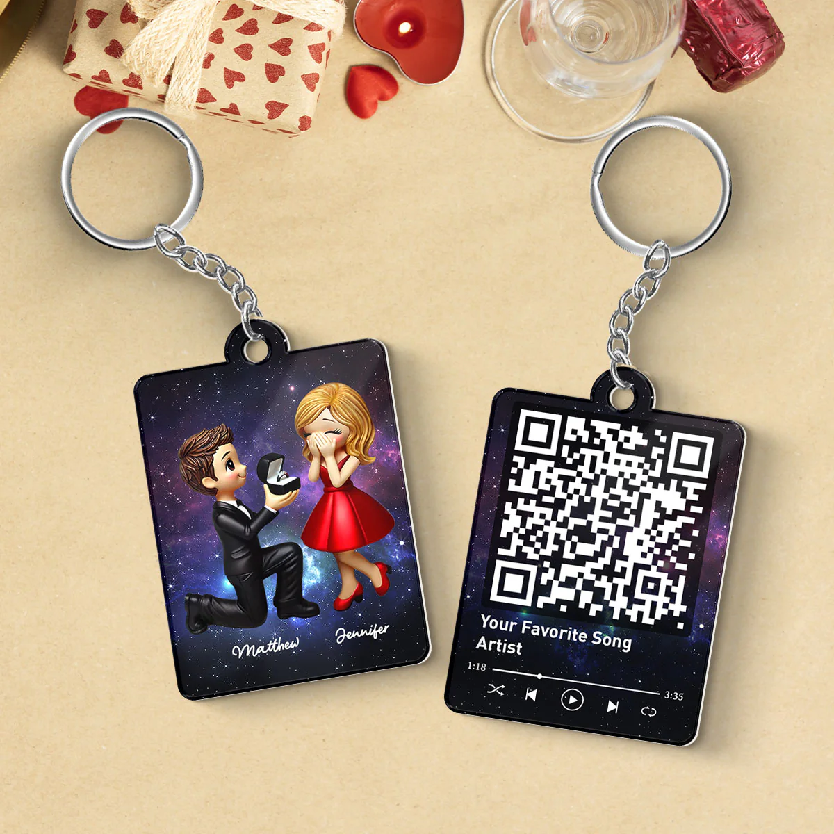 Couple In Galaxy Night Personalized Acrylic Flat Keychain, Just Engaged Gifts for Couples, Favorite Song Scannable QR Code - Image 3