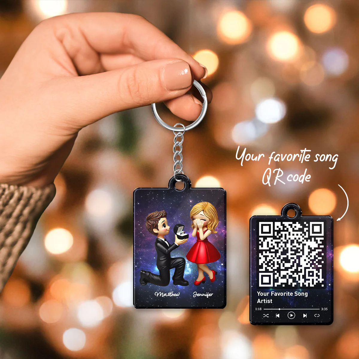 Couple In Galaxy Night Personalized Acrylic Flat Keychain, Just Engaged Gifts for Couples, Favorite Song Scannable QR Code - Image 7