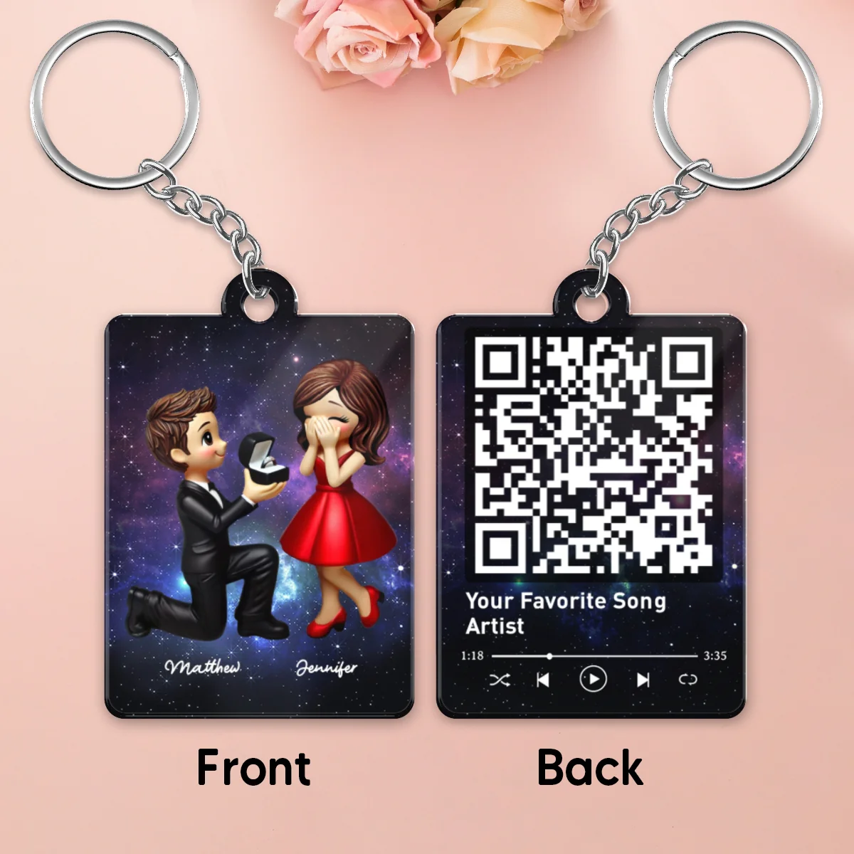 Couple In Galaxy Night Personalized Acrylic Flat Keychain, Just Engaged Gifts for Couples, Favorite Song Scannable QR Code - Image 9