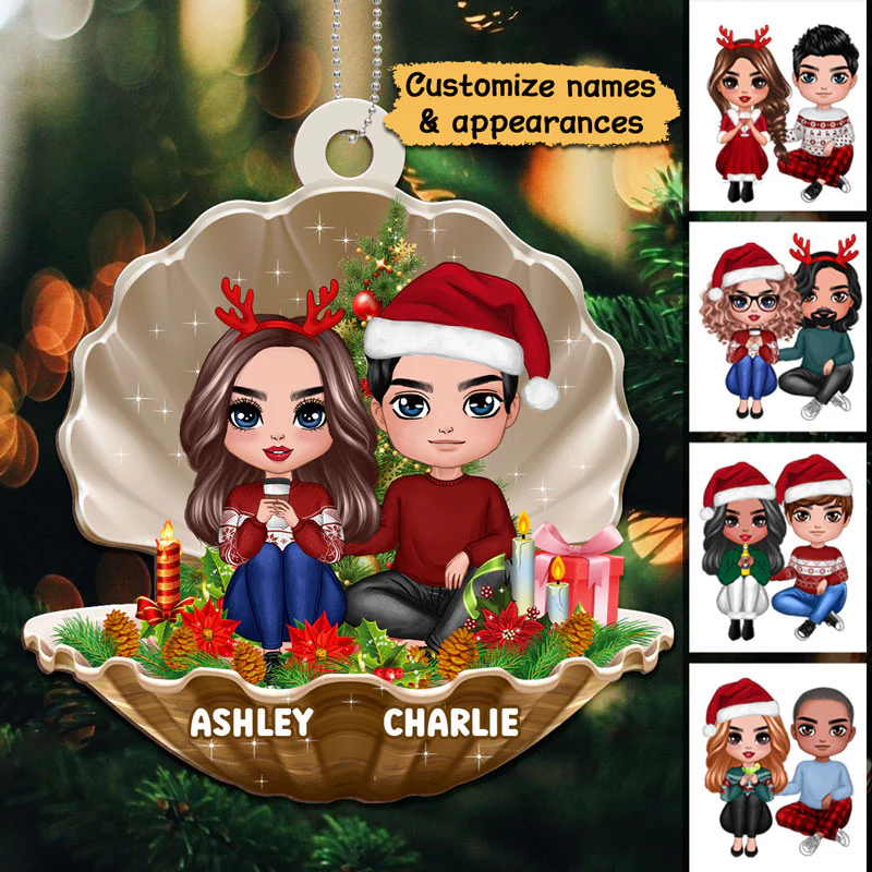 Couple In Pearl Shell Christmas Personalized Wooden Ornament - Image 2