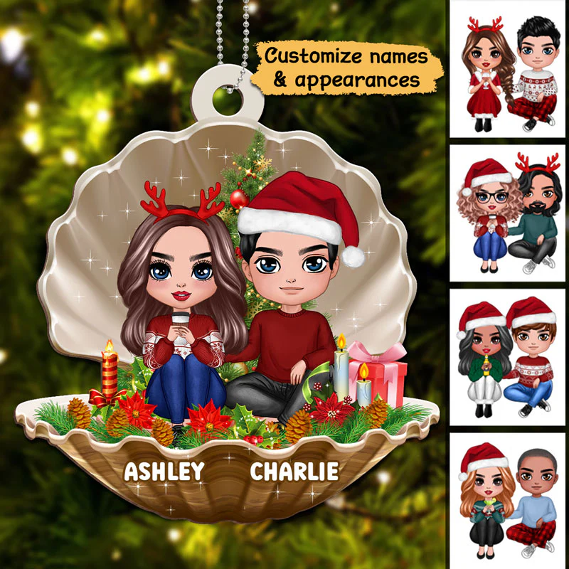 Couple In Pearl Shell Christmas Personalized Wooden Ornament - Image 3