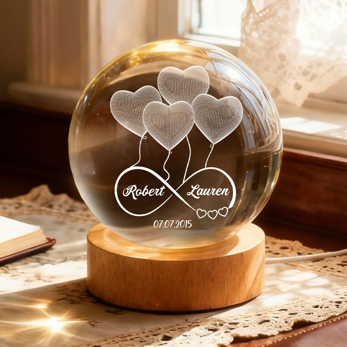 Couple Infinity Love Heart Balloon - Personalized Crystal Ball LED Night Light - Sentimental Gift for Her, for Him, Couple Keepsake - Image 4